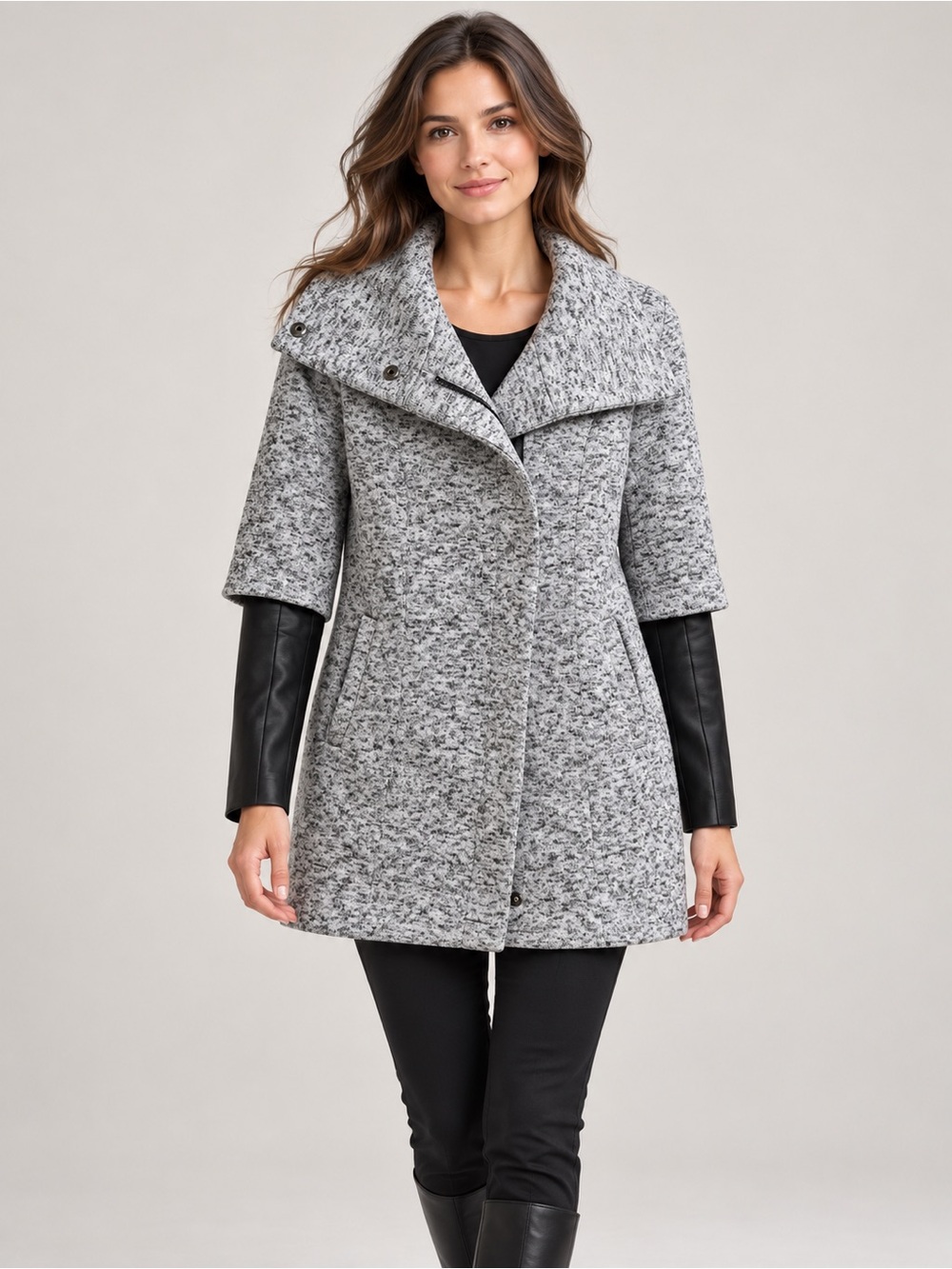 Womens Gray Textured Funnel Collar Coat with Black Sleeve Details size L